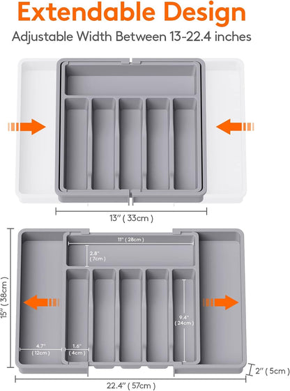 Lifewit Cutlery Drawer Organiser, Expandable Utensil Tray for Kitchen, Adjustable Silverware and Flatware Holder, Compact Plastic Storage for Spoons Forks Knives, Large, Black