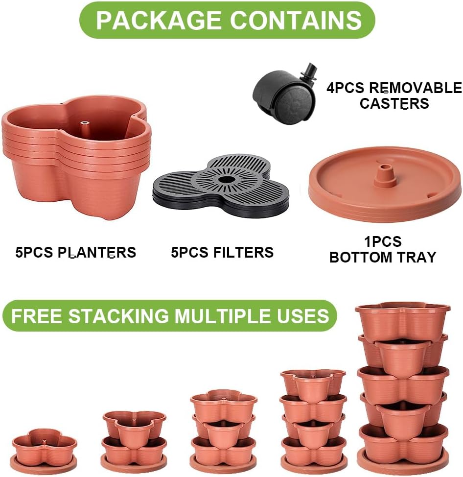 SpringUp 5 Tier Vertical Garden Strawberry Stackable Planters Herbs Petunias Pancy, Vegetable Planter Indoor Outdoor Gardening Pots with Removable Wheels and Tools (White)