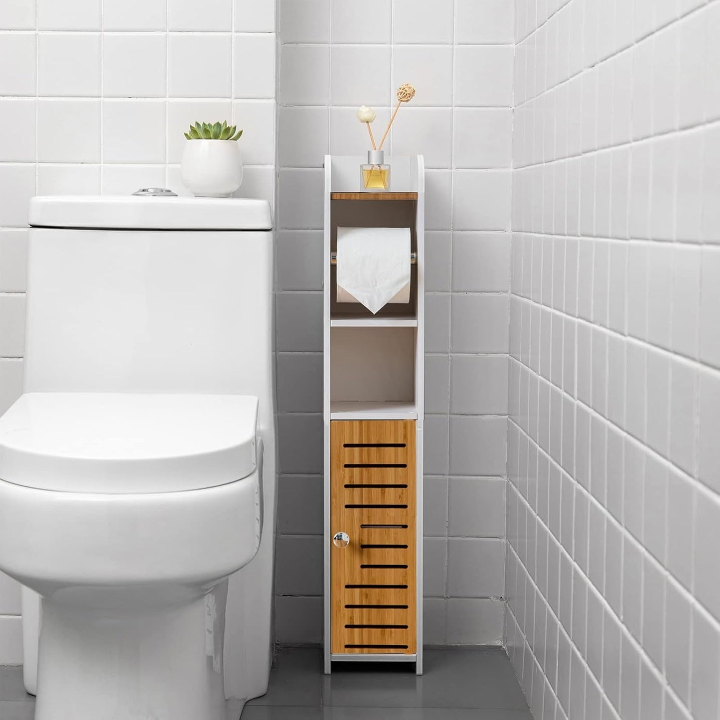 Freestanding Toilet Paper Storage with Phone Holder | Small Bathroom Organiser