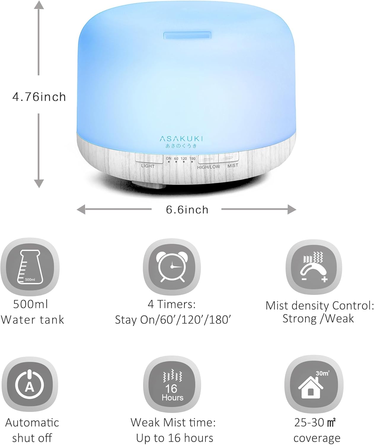 ASAKUKI 500ml Essential Oil Diffuser, 5 in 1 Ultrasonic Aromatherapy Fragrant Oil Diffusers, Vaporizer Humidifier with Remote Control, Timer, Auto-Off Safety Switch, 7 LED Light Colors