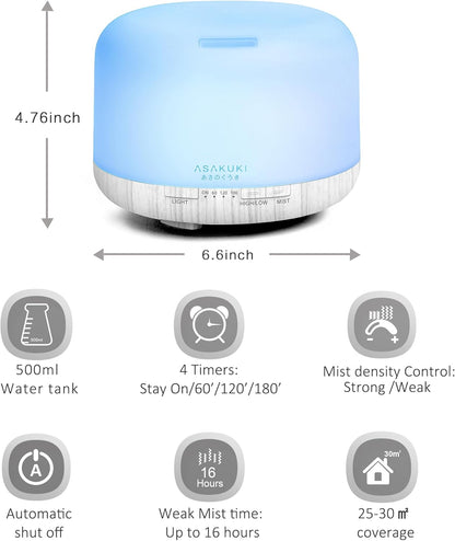 ASAKUKI 500ml Essential Oil Diffuser, 5 in 1 Ultrasonic Aromatherapy Fragrant Oil Diffusers, Vaporizer Humidifier with Remote Control, Timer, Auto-Off Safety Switch, 7 LED Light Colors