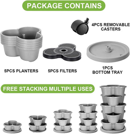 SpringUp 5 Tier Vertical Garden Strawberry Stackable Planters Herbs Petunias Pancy, Vegetable Planter Indoor Outdoor Gardening Pots with Removable Wheels and Tools (White)
