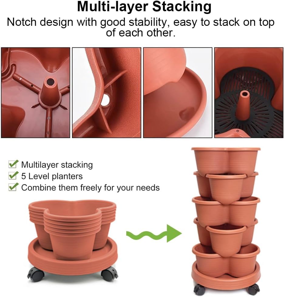 SpringUp 5 Tier Vertical Garden Strawberry Stackable Planters Herbs Petunias Pancy, Vegetable Planter Indoor Outdoor Gardening Pots with Removable Wheels and Tools (White)