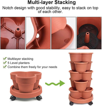 SpringUp 5 Tier Vertical Garden Strawberry Stackable Planters Herbs Petunias Pancy, Vegetable Planter Indoor Outdoor Gardening Pots with Removable Wheels and Tools (White)