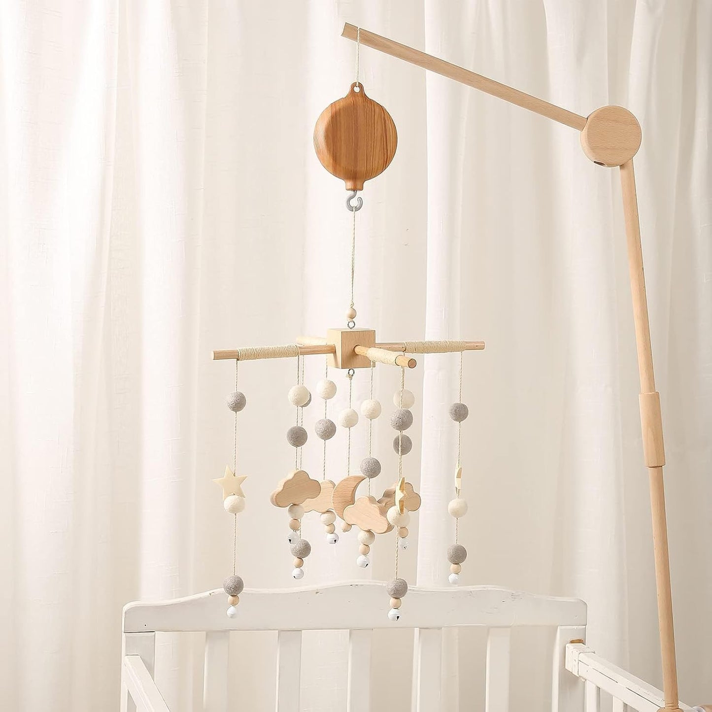Beechwood Crib Mobile Holder - 360° Rotate, Adjustable Arm - Natural Wood, Minimalist - For Cribs No Side Rails - Baby Nursery Decor
