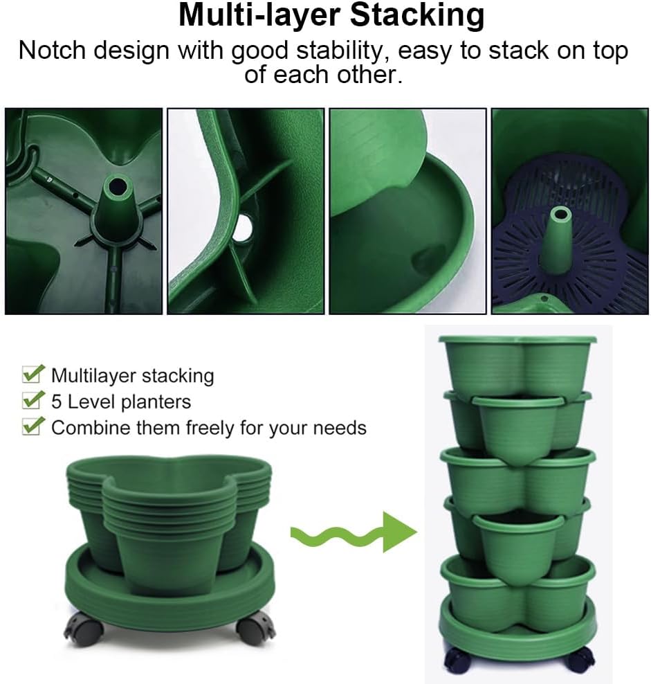 SpringUp 5 Tier Vertical Garden Strawberry Stackable Planters Herbs Petunias Pancy, Vegetable Planter Indoor Outdoor Gardening Pots with Removable Wheels and Tools (White)