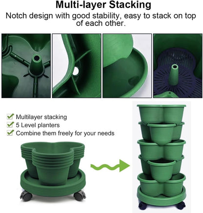 SpringUp 5 Tier Vertical Garden Strawberry Stackable Planters Herbs Petunias Pancy, Vegetable Planter Indoor Outdoor Gardening Pots with Removable Wheels and Tools (White)
