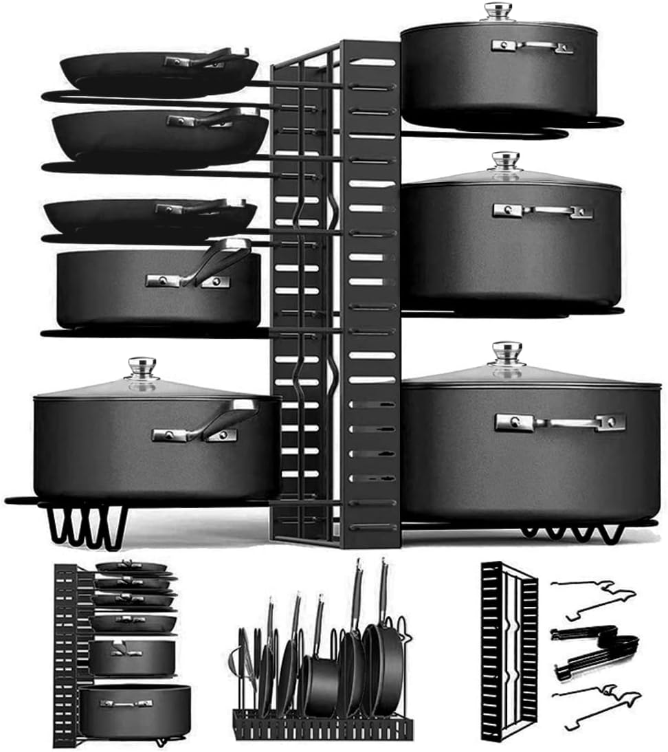 9SHOME Pot Pan Organiser Rack For Cabinet, Pot Lid Organizer Pan Holder Rack with 3 DIY Methods, Cookware Rack for Kitchen Cupboard Pantry, Height and Position Adjustable, Stainless steel