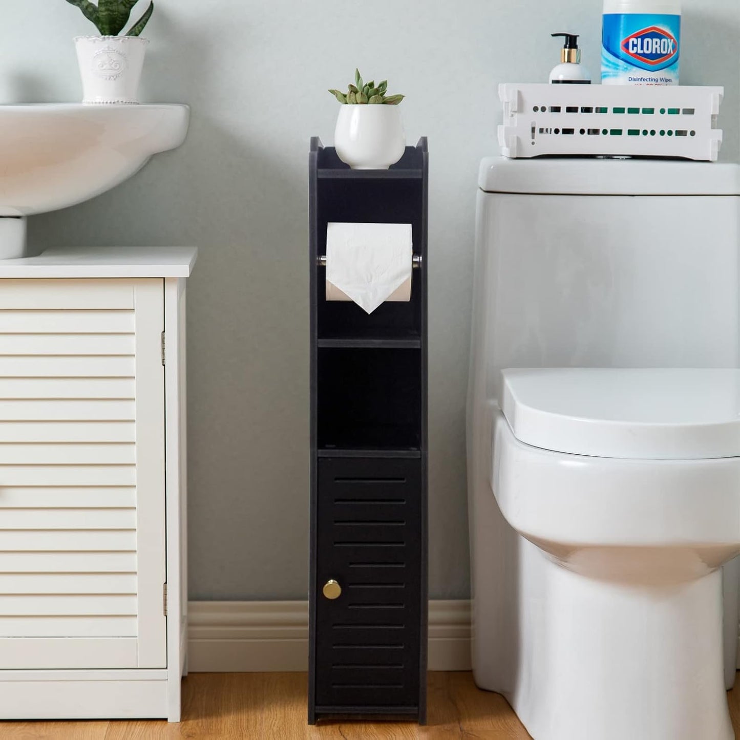 Freestanding Toilet Paper Storage with Phone Holder | Small Bathroom Organiser
