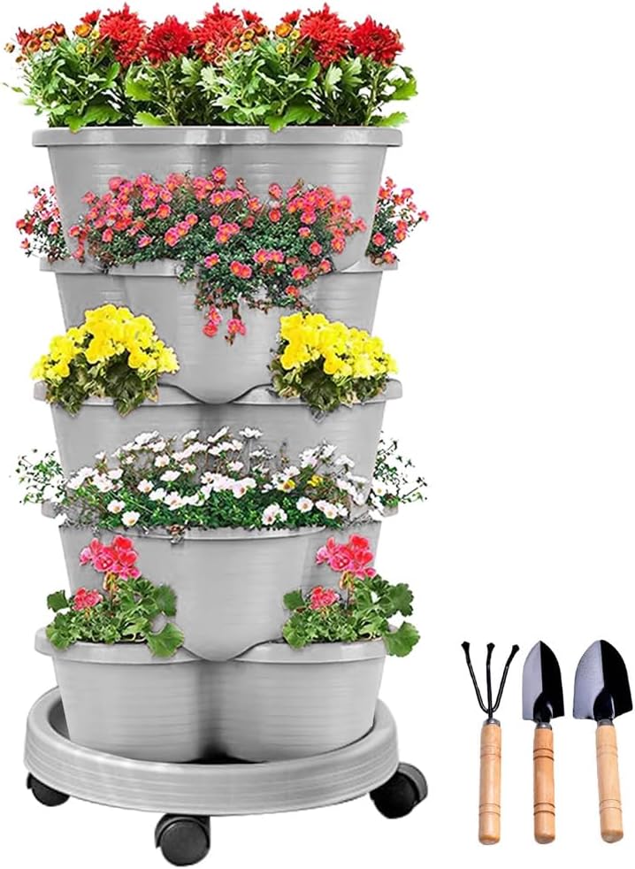 SpringUp 5 Tier Vertical Garden Strawberry Stackable Planters Herbs Petunias Pancy, Vegetable Planter Indoor Outdoor Gardening Pots with Removable Wheels and Tools (White)