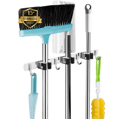 5 Racks and 4 Hooks Mop and Broom Holder Wall Mount, Broom Organizer Storage Tool Racks Stainless Steel Heavy Duty Hooks Self Adhesive Solid Non-slip for Home Kitchen Garden Laundry Garage