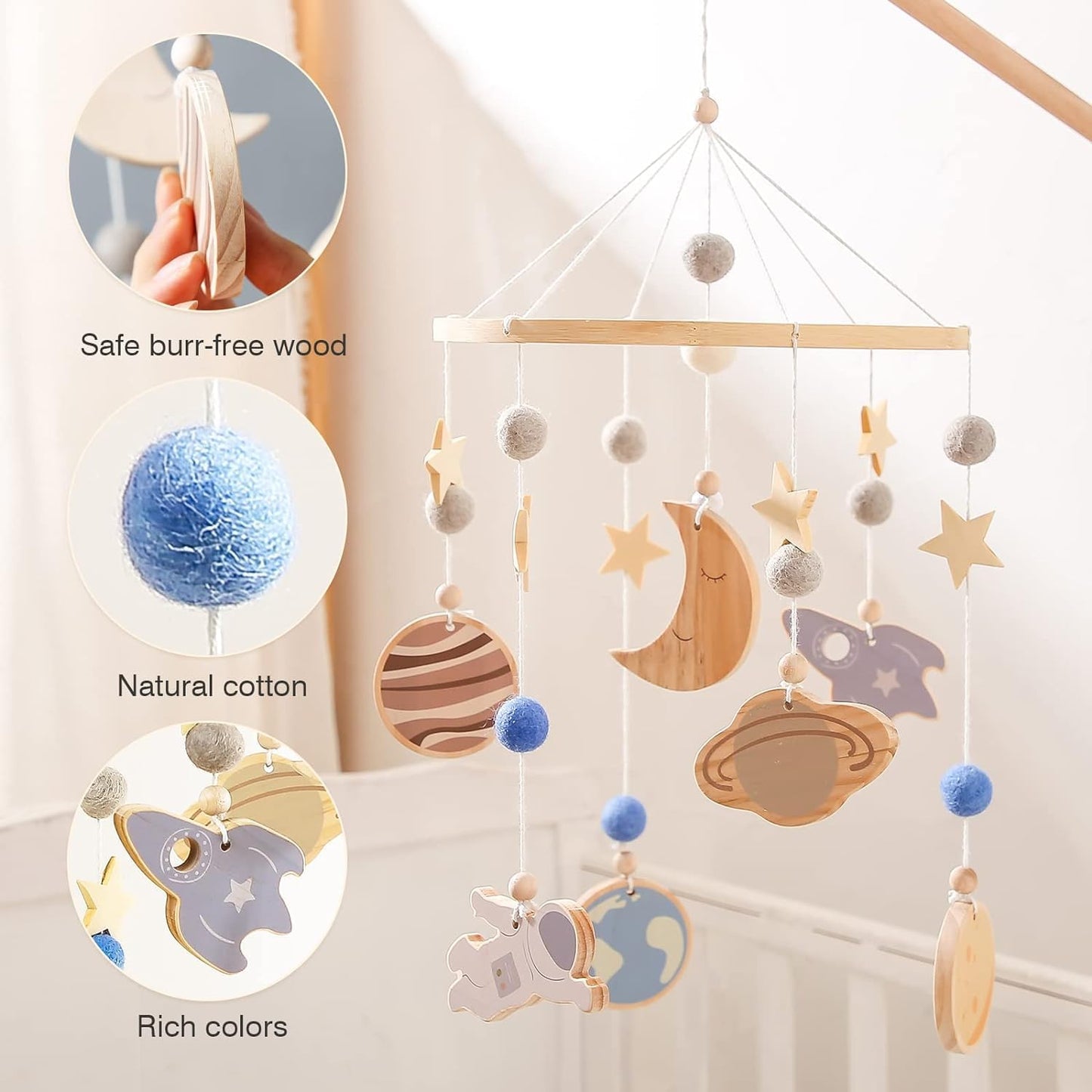 Beechwood Crib Mobile Holder - 360° Rotate, Adjustable Arm - Natural Wood, Minimalist - For Cribs No Side Rails - Baby Nursery Decor