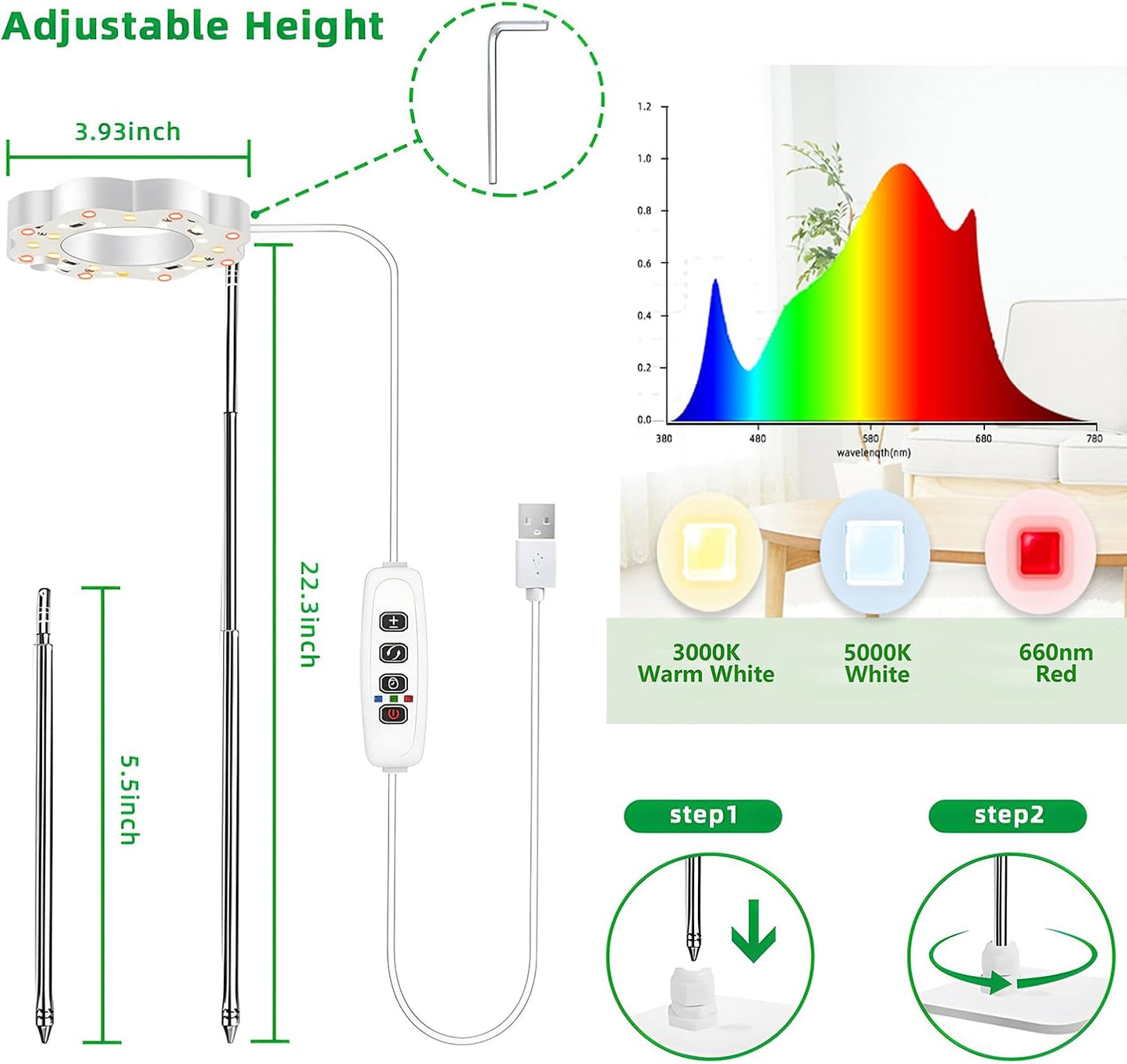 Grow Light Full Spectrum Plant Lights for Indoor Plants, Full Spectrum Plant Grow Lights, 9 Dimmable Levels Auto ON & Off with 3/9/12H Timer