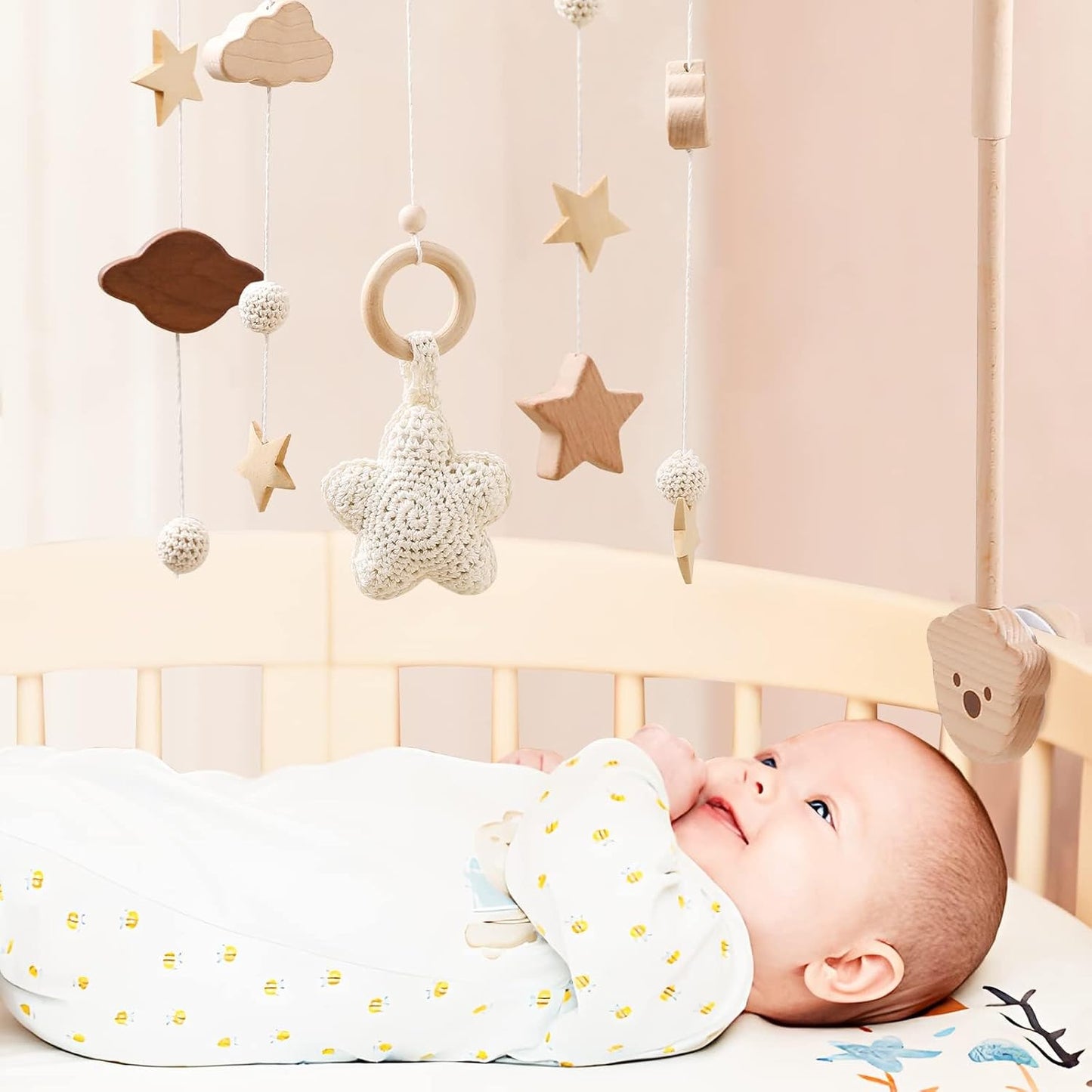 Beechwood Crib Mobile Holder - 360° Rotate, Adjustable Arm - Natural Wood, Minimalist - For Cribs No Side Rails - Baby Nursery Decor
