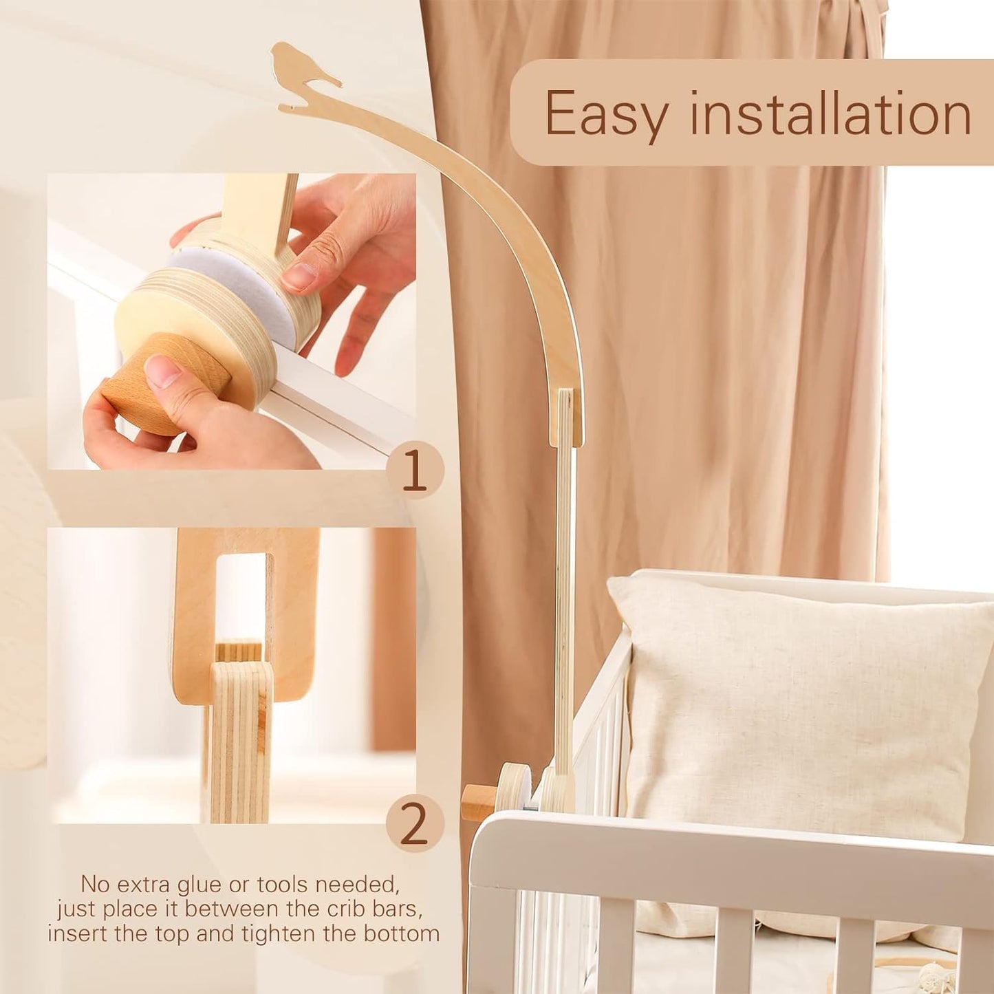 Beechwood Crib Mobile Holder - 360° Rotate, Adjustable Arm - Natural Wood, Minimalist - For Cribs No Side Rails - Baby Nursery Decor
