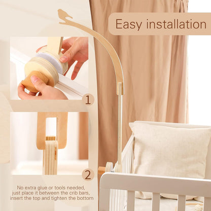 Beechwood Crib Mobile Holder - 360° Rotate, Adjustable Arm - Natural Wood, Minimalist - For Cribs No Side Rails - Baby Nursery Decor