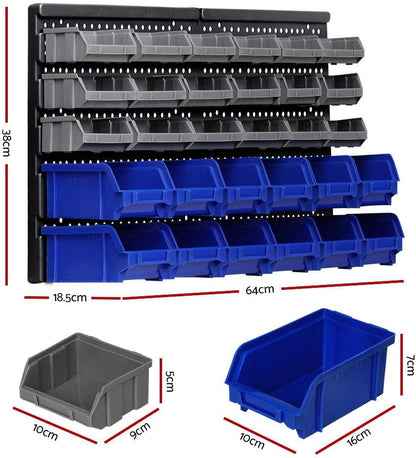 Giantz Storage Bin Rack, 30 Bins Garage Tool Storages Shelving Wall Mounted Toolbox Shelf Bracket Home Workshop Garden Organiser, 36kg Capacity Stable Steel Backboard