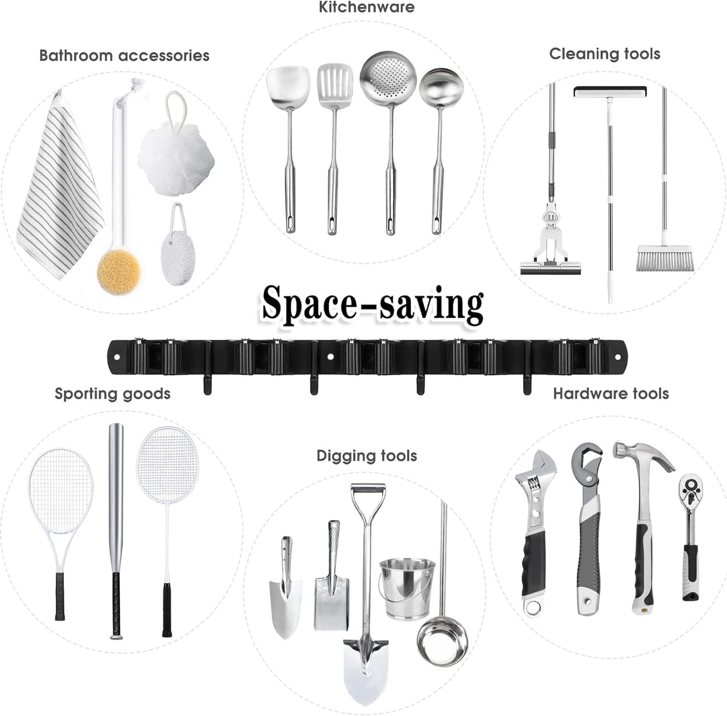 5 Racks and 4 Hooks Mop and Broom Holder Wall Mount, Broom Organizer Storage Tool Racks Stainless Steel Heavy Duty Hooks Self Adhesive Solid Non-slip for Home Kitchen Garden Laundry Garage
