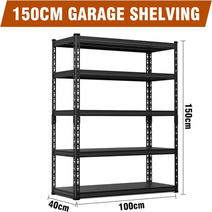 5 Tier Storage Shelves Metal Garage Shelving Unit for System Racks Storage Basement Storage Shelf Garage Storage Rack H150cm*W100cm* D40cm (Black)