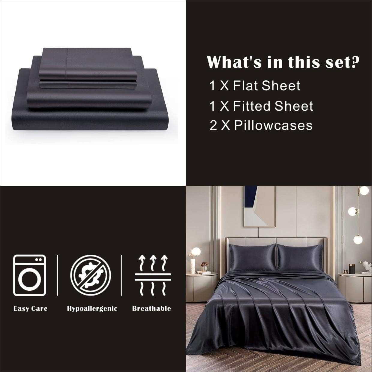 ForZzz 2000TC Art Silk Satin Queen Sheet Set Hotel 4 Pieces Fitted/Flat Sheet Bedding Set(Black,Queen)