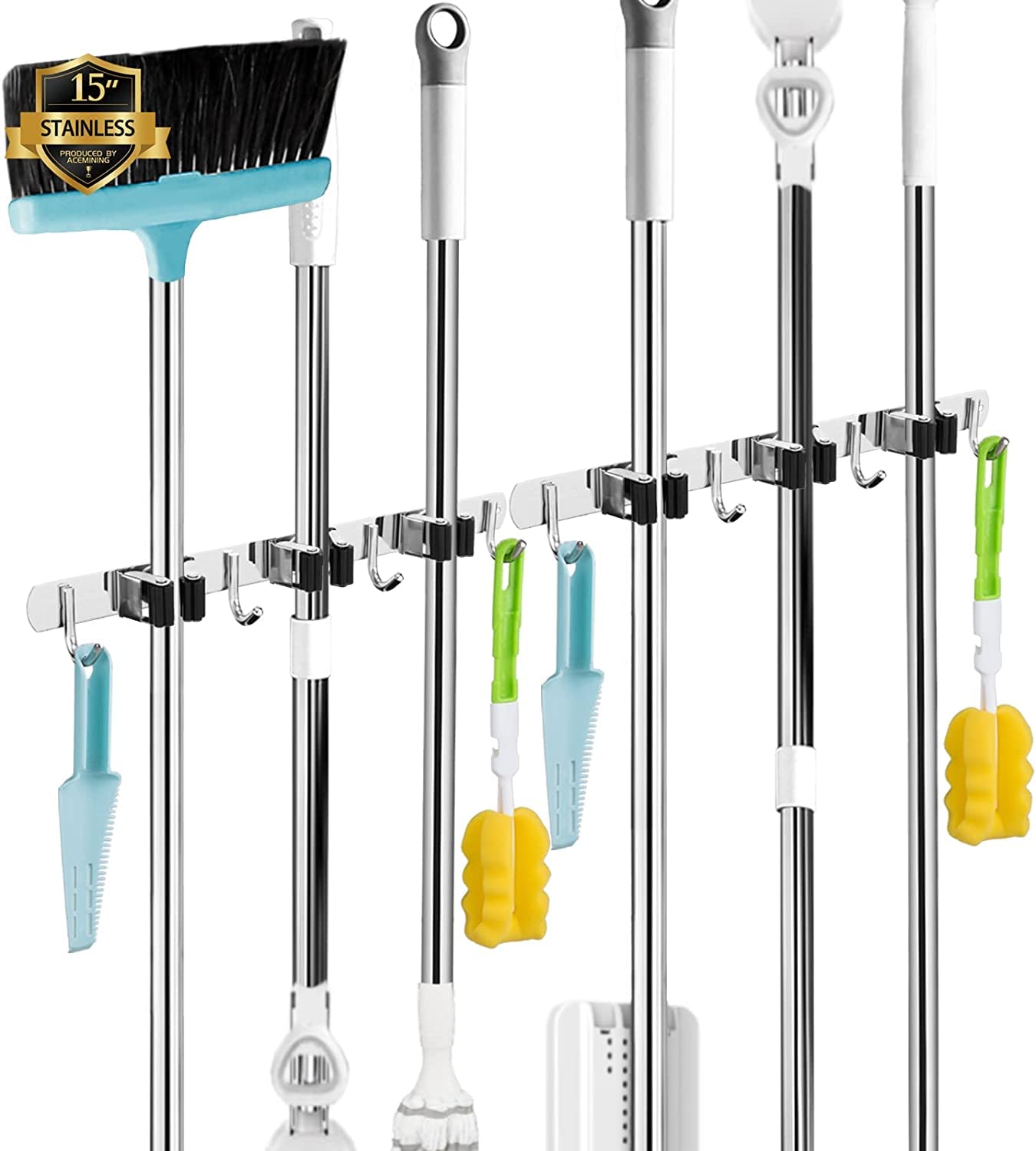 5 Racks and 4 Hooks Mop and Broom Holder Wall Mount, Broom Organizer Storage Tool Racks Stainless Steel Heavy Duty Hooks Self Adhesive Solid Non-slip for Home Kitchen Garden Laundry Garage