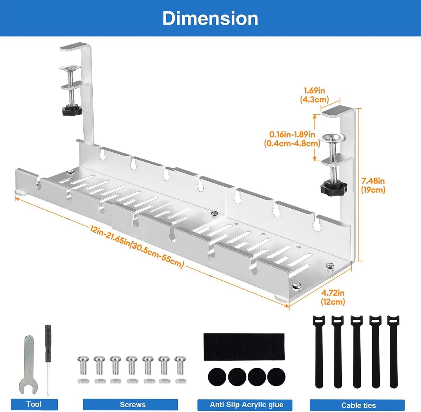 Necomi No Drill Under Desk Cable Management Tray, 21.7" Retractable Clamp Mounted Desk Cable Cord Organizer for Wire Management, Sturdy Metal Cable Tray Basket for Home Office(Black)