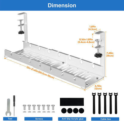 Necomi No Drill Under Desk Cable Management Tray, 21.7" Retractable Clamp Mounted Desk Cable Cord Organizer for Wire Management, Sturdy Metal Cable Tray Basket for Home Office(Black)