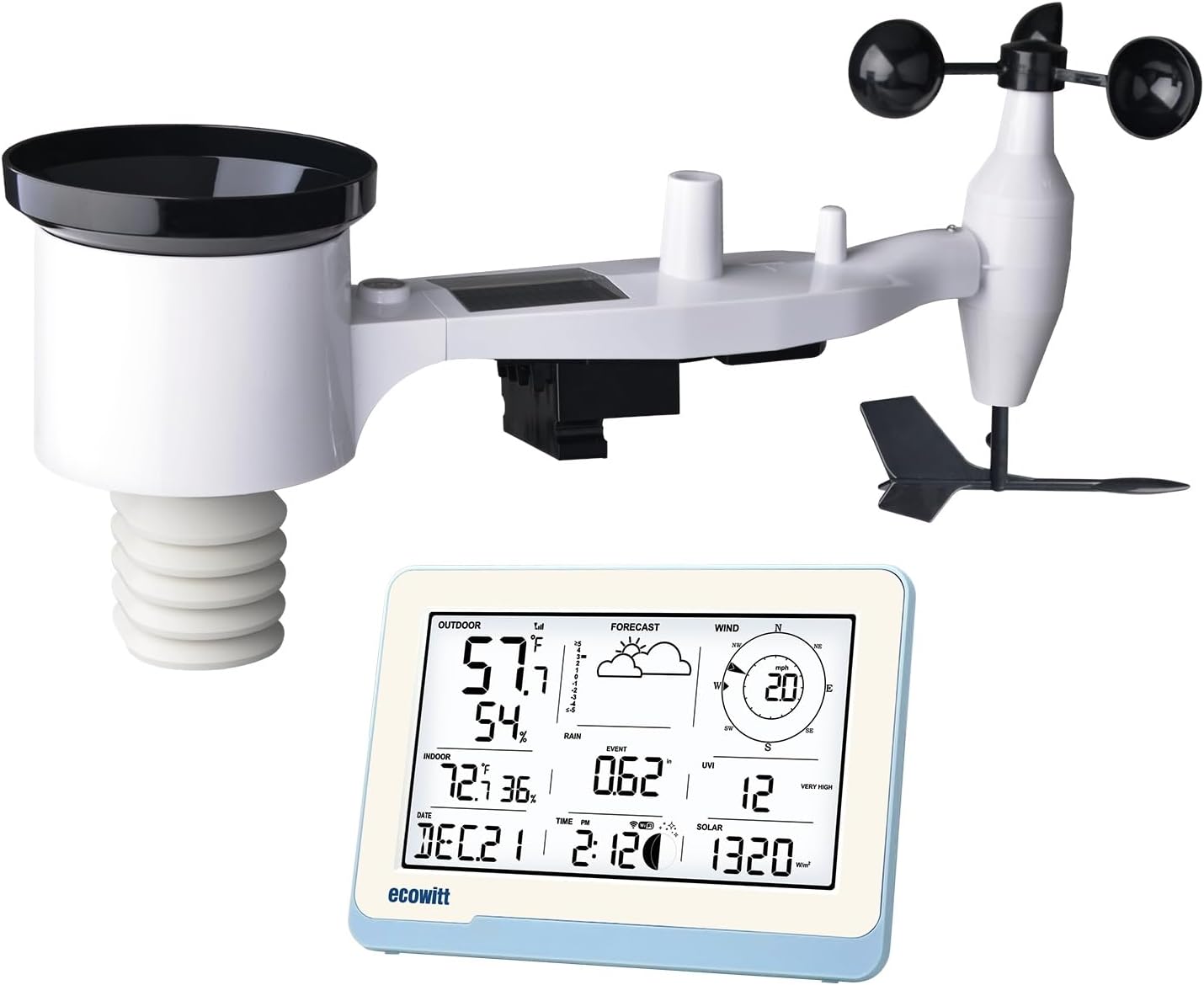 ECOWITT WS2910 Wi-Fi Weather Station Color Display with Wireless Outdoor Solar Powered 7-in-1 Weather Sensor (Thermo-Hygrometer/Rain Gauge/Wind Speed Sensor/Wind Direction Sensor, Light and UV)