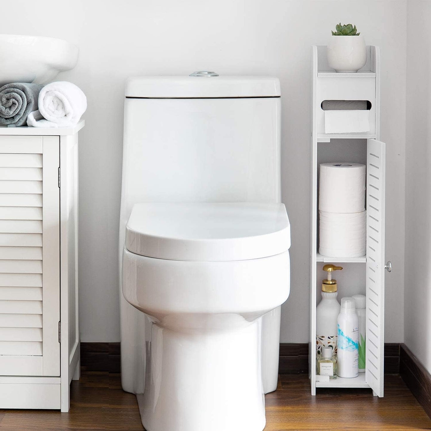 Freestanding Toilet Paper Storage with Phone Holder | Small Bathroom Organiser