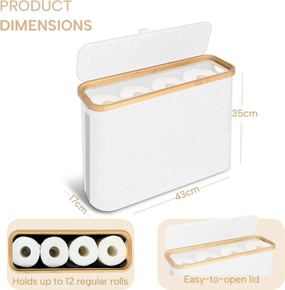 FYL Toilet Roll Storage, Toilet Paper Storage, Portable Foldable Water-Repllent Bamboo Toilet Paper 12 Rolls Holder Storage With Handle For Bathroom (White)