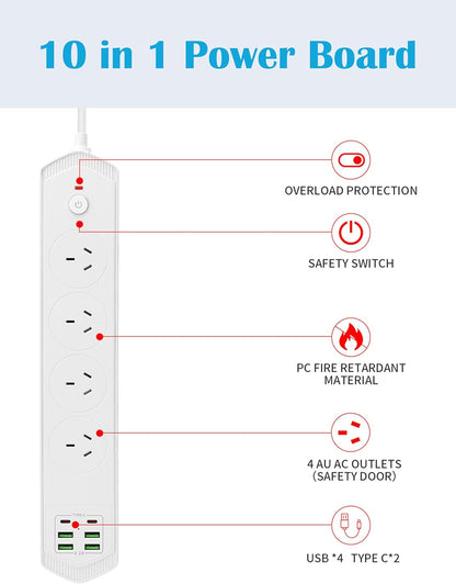Power Board Surge Protector with USB, FINELAKEFOSEA 3000W Power Strip with 2 USB C & 4 USB A Ports, 2M Meter Extension Cord with Switch & 4 Outlets, Power Strip for Home Office Travel Dorm Desk