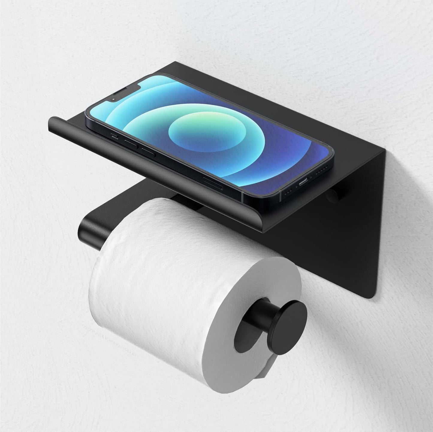 Black Toilet Paper Holder with Phone Shelf - Rustproof Bathroom Decor
