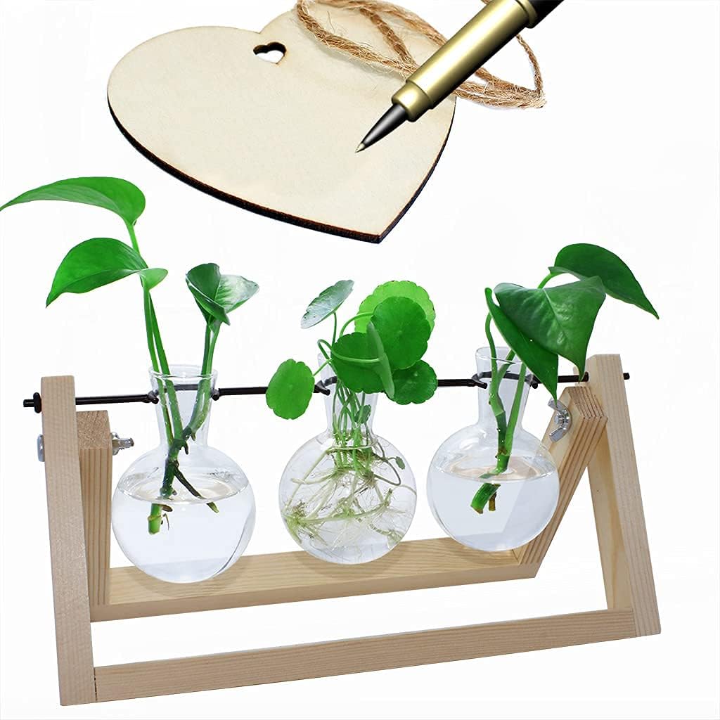 laffeya Plants Propagation Stations, Hydroponic Terrarium Kit- Desktop Glass Flower Planter 3 Glass Vase with Wood Stands for Home Office Decor, Plant Gifts for Plant Lovers (3 Bulb Vase C, Beige)