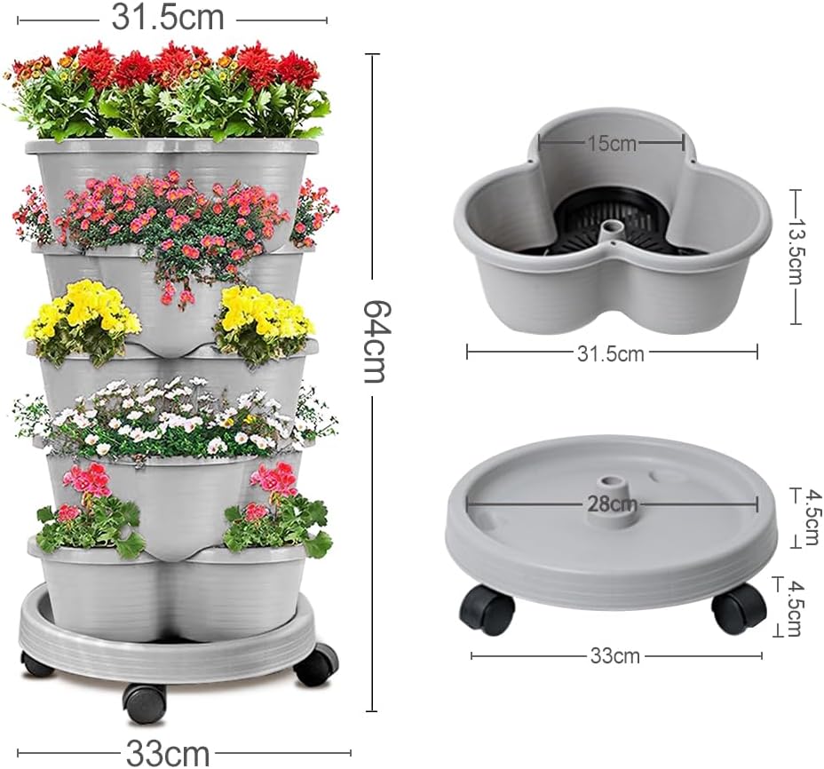 SpringUp 5 Tier Vertical Garden Strawberry Stackable Planters Herbs Petunias Pancy, Vegetable Planter Indoor Outdoor Gardening Pots with Removable Wheels and Tools (White)
