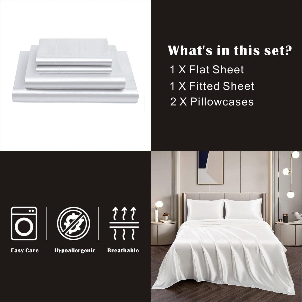 ForZzz 2000TC Art Silk Satin Queen Sheet Set Hotel 4 Pieces Fitted/Flat Sheet Bedding Set(Black,Queen)