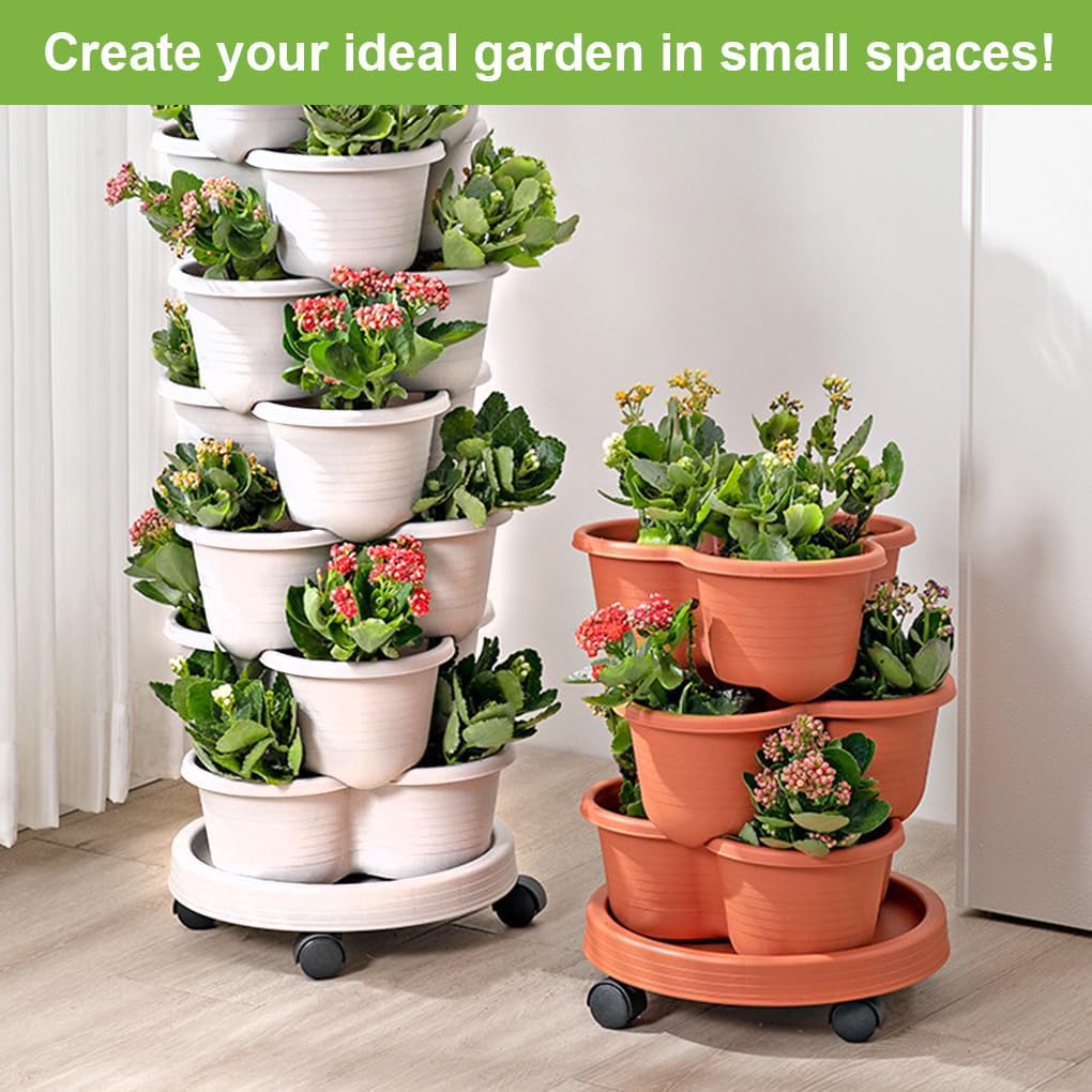 SpringUp 5 Tier Vertical Garden Strawberry Stackable Planters Herbs Petunias Pancy, Vegetable Planter Indoor Outdoor Gardening Pots with Removable Wheels and Tools (White)