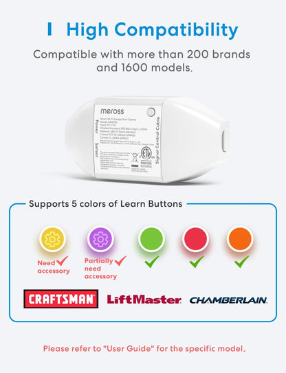 meross Smart Garage Door Opener Remote, Compatible with Apple HomeKit, Amazon Alexa, Google Assistant, SmartThings, Multiple Notification Modes, No Hub Needed