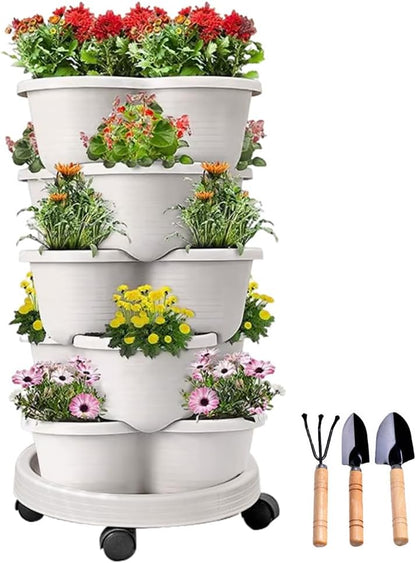 SpringUp 5 Tier Vertical Garden Strawberry Stackable Planters Herbs Petunias Pancy, Vegetable Planter Indoor Outdoor Gardening Pots with Removable Wheels and Tools (White)