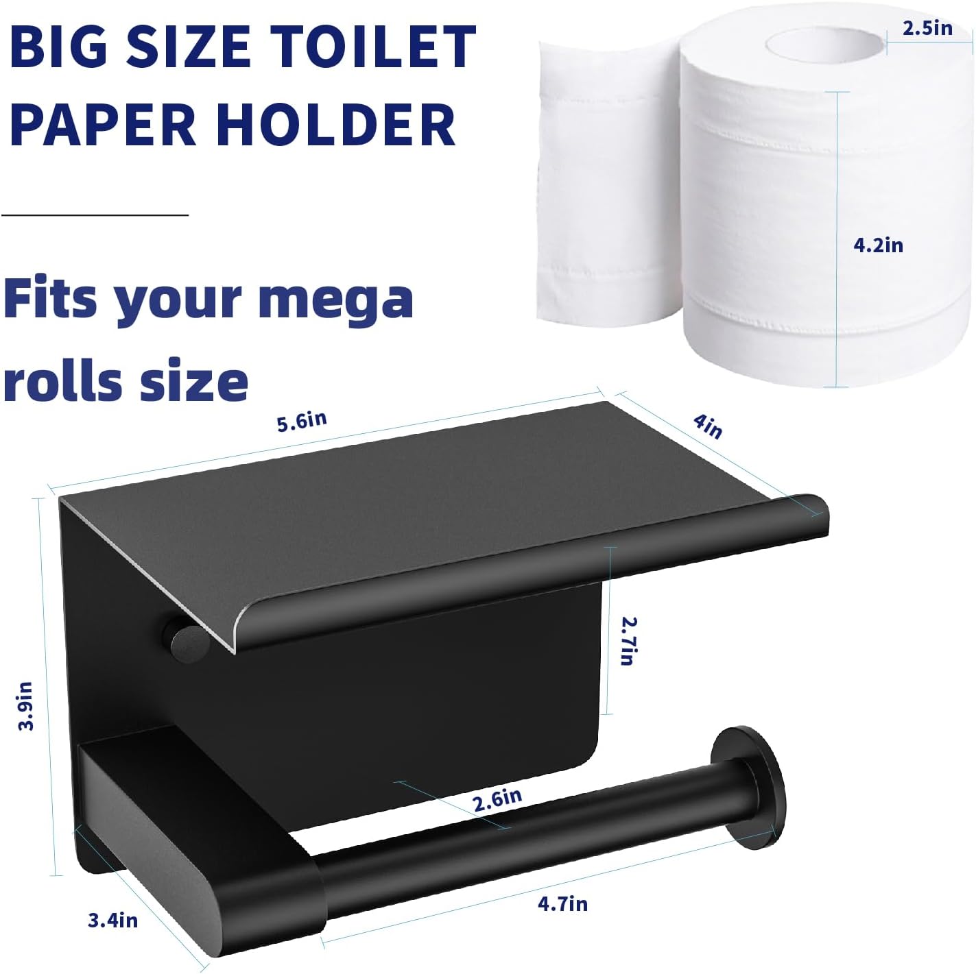 Black Toilet Paper Holder with Phone Shelf - Rustproof Bathroom Decor