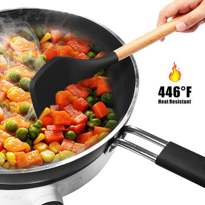 14-Piece Silicone Kitchen Utensil Set with Wooden Handles