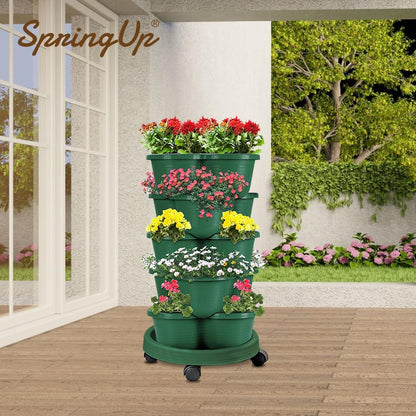 SpringUp 5 Tier Vertical Garden Strawberry Stackable Planters Herbs Petunias Pancy, Vegetable Planter Indoor Outdoor Gardening Pots with Removable Wheels and Tools (White)