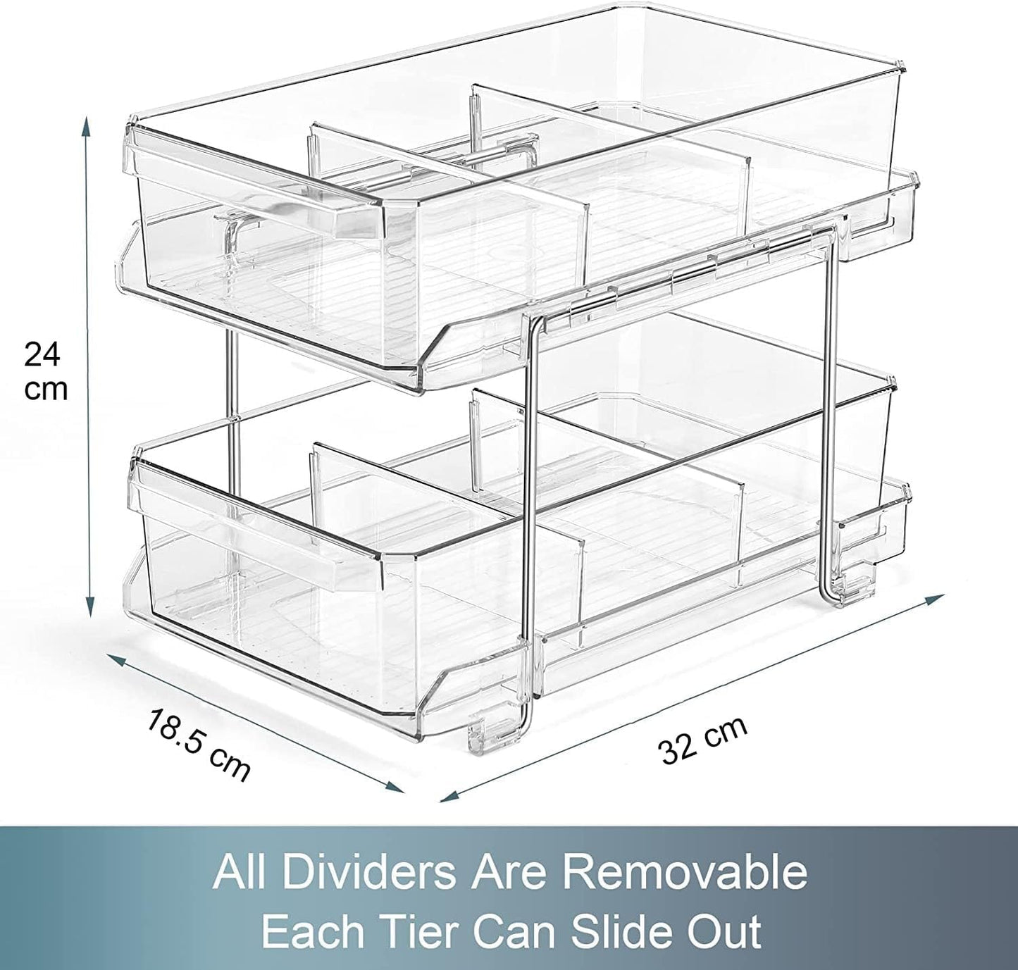 Feshory 2 Tier Clear Pull Out Cabinet Organizer for Pantry [2 Pack], Kitchen Storage & Organisation - Under Sink Storage Drawer for Countertop, Medicine, Bathroom (Acrylic)