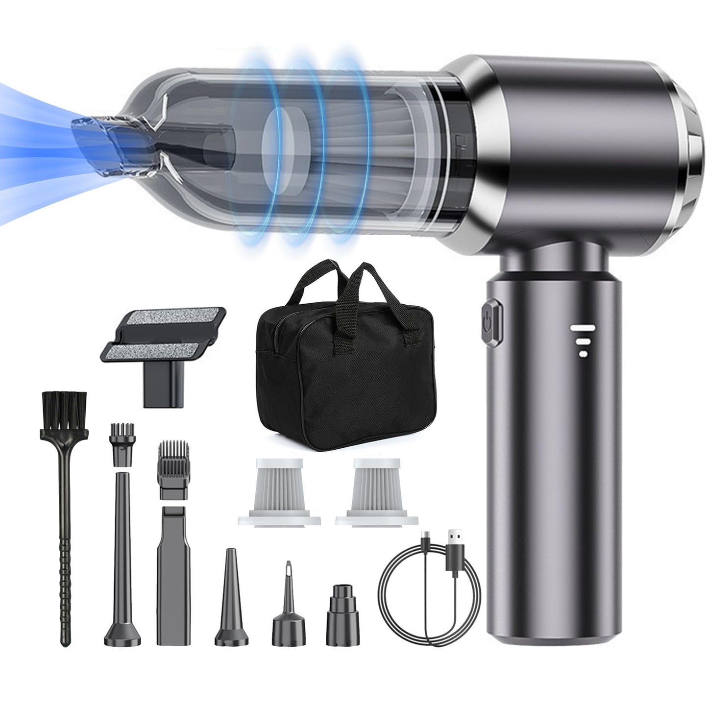 Car Vacuum Cleaner Cordless, Handheld Vacuum 22000PA High Power Suction, 4-in-1 Compressed Air Duster & Air Blower & Pump, Portable Vacuum Cleaner with 3 Gears for Home, Pet, Keyboard (Grey)