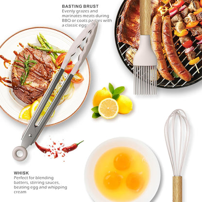 14-Piece Silicone Kitchen Utensil Set with Wooden Handles