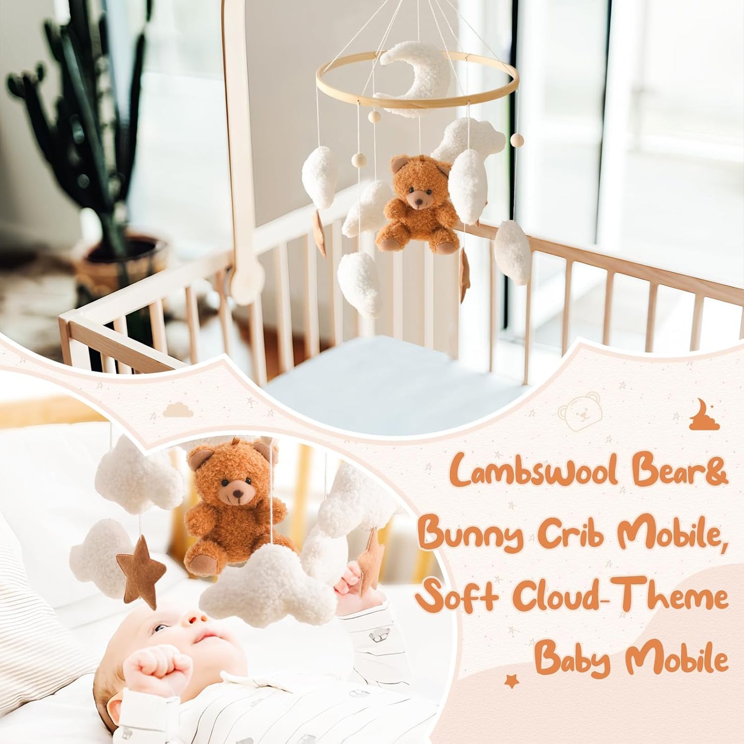 Beechwood Crib Mobile Holder - 360° Rotate, Adjustable Arm - Natural Wood, Minimalist - For Cribs No Side Rails - Baby Nursery Decor