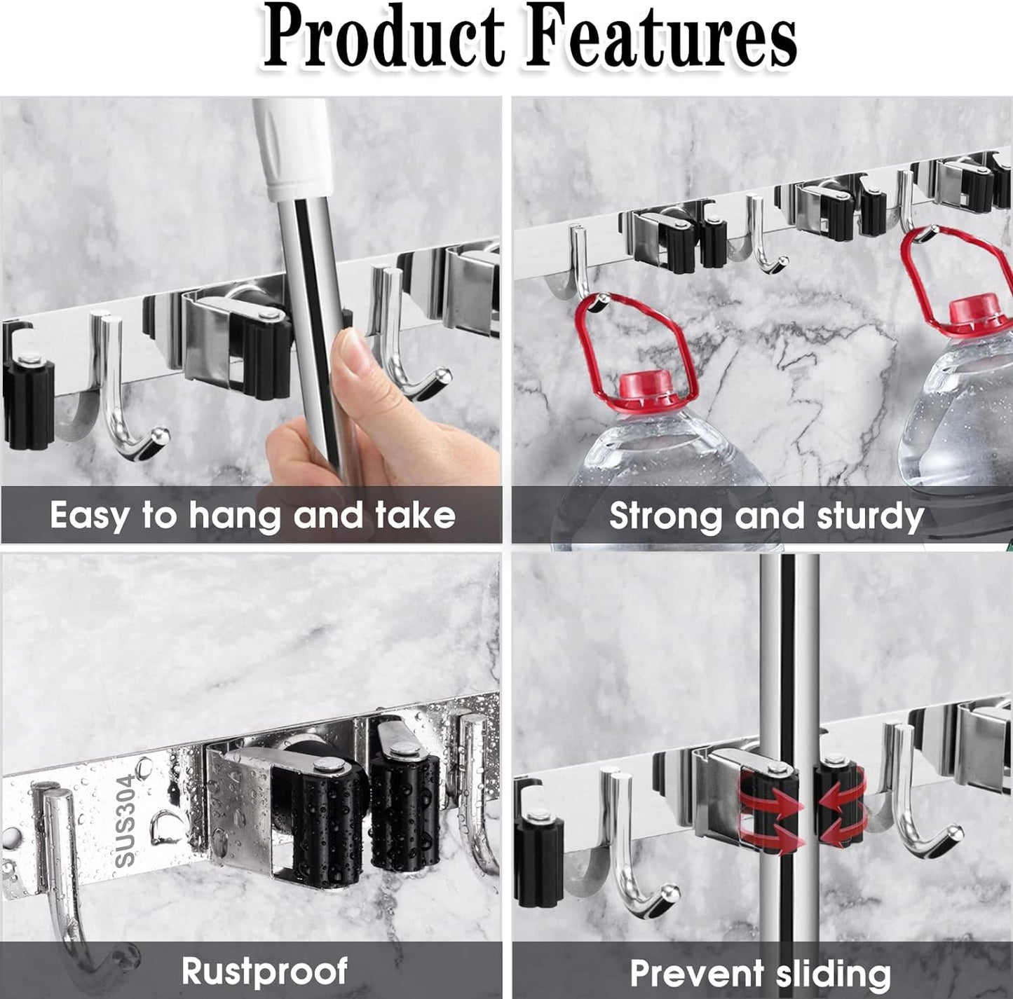 5 Racks and 4 Hooks Mop and Broom Holder Wall Mount, Broom Organizer Storage Tool Racks Stainless Steel Heavy Duty Hooks Self Adhesive Solid Non-slip for Home Kitchen Garden Laundry Garage