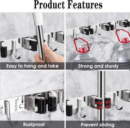 5 Racks and 4 Hooks Mop and Broom Holder Wall Mount, Broom Organizer Storage Tool Racks Stainless Steel Heavy Duty Hooks Self Adhesive Solid Non-slip for Home Kitchen Garden Laundry Garage