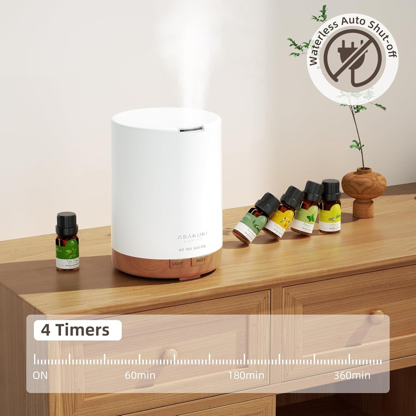 ASAKUKI 300ML Essential Oil Diffuser, Quiet 5-in-1 Premium Aromatherapy Humidifier, Natural Home Fragrance Aroma Vaporizer with 7 LED Color Changing Light and Auto-Off Safety Switch
