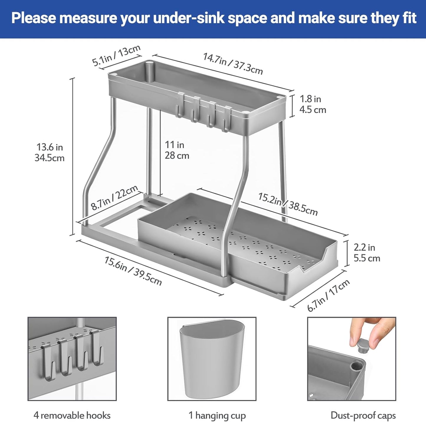 Puricon 2 Pack Under Sink Organizer, 2-Tier L-Shape Sliding Under Sink Organizers and Storage, Under Counter Storage Organizer Pull Out Under Sink Storage for Kitchen Bathroom -Black