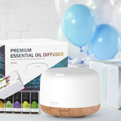 ASAKUKI 500ml Essential Oil Diffuser, 5 in 1 Ultrasonic Aromatherapy Fragrant Oil Diffusers, Vaporizer Humidifier with Remote Control, Timer, Auto-Off Safety Switch, 7 LED Light Colors